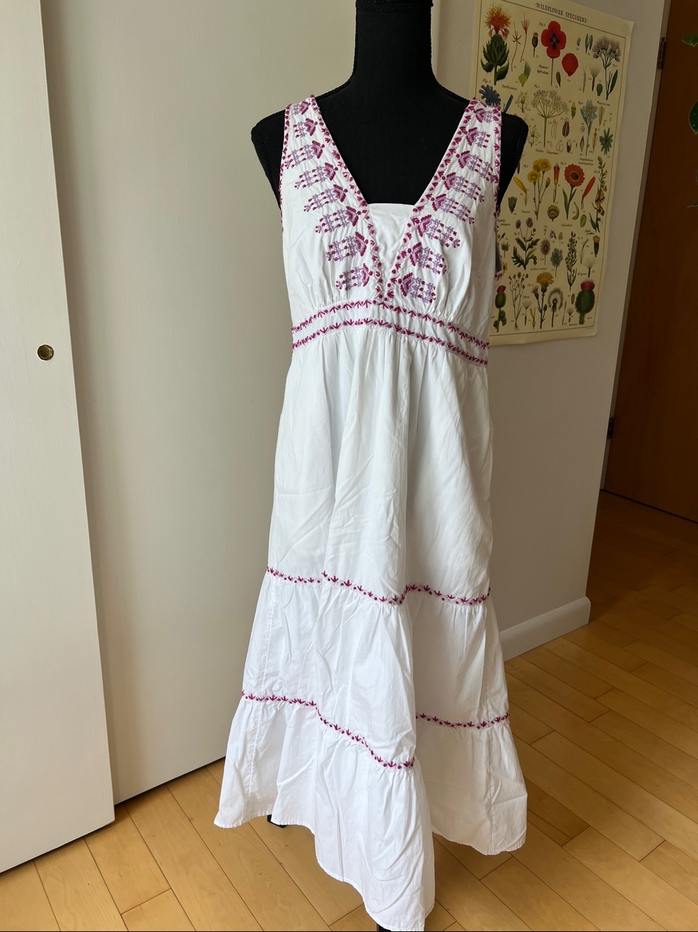 Anthropologie White Maxi Dress with Pink Embroidered Details size 10